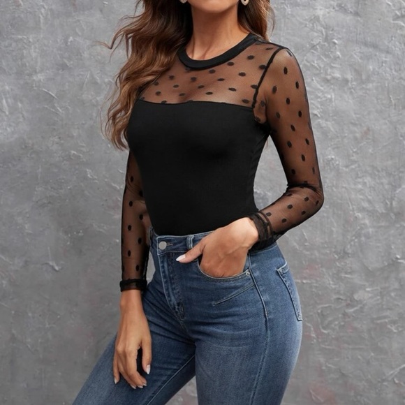 Black round neck contrast polka dot mesh slim fit long sleeve tee Sz S - Picture 5 of 7